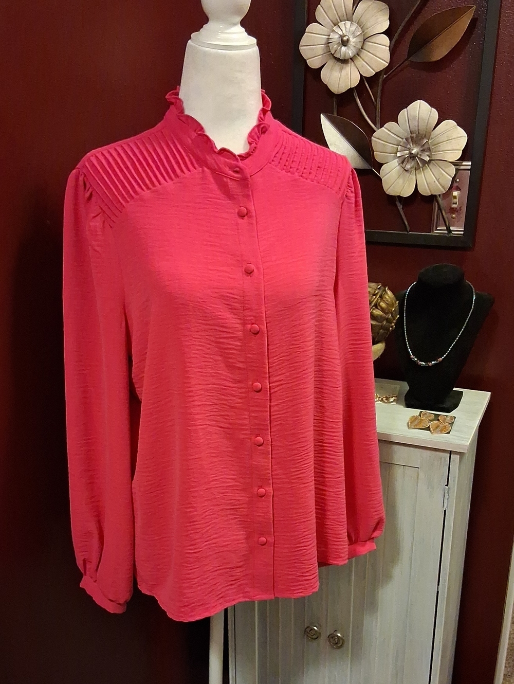 Adrianna Papell Hot Pink Ruffled Collar Button-Down Blouse